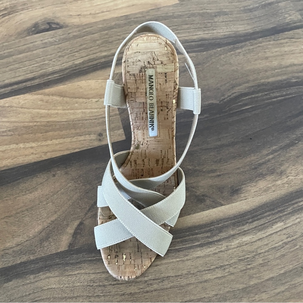 Manolo Blahnik Lasti Cork Heels Cream Neutral 6.5 - Picture 13 of 15